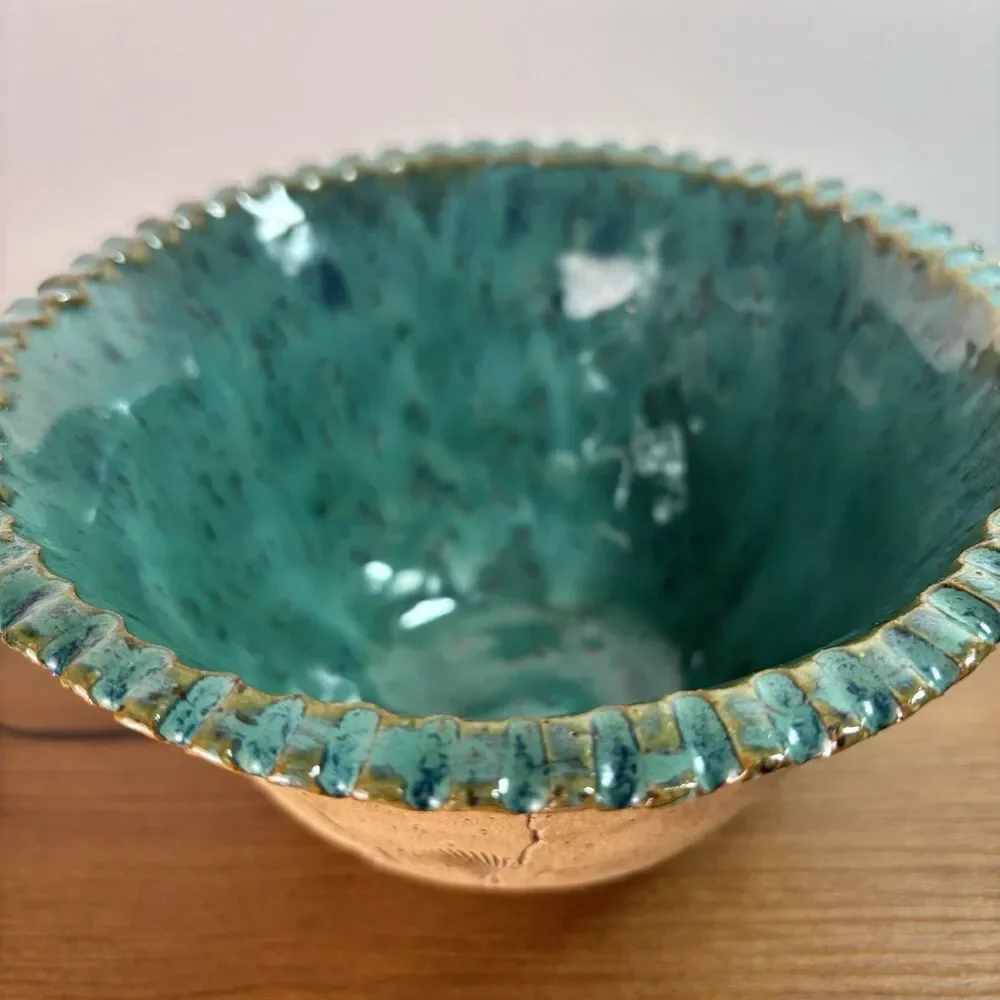 Handmade Artisan Hand Stamped Pottery Nautical Coastal Sea Creature Bowl Teal